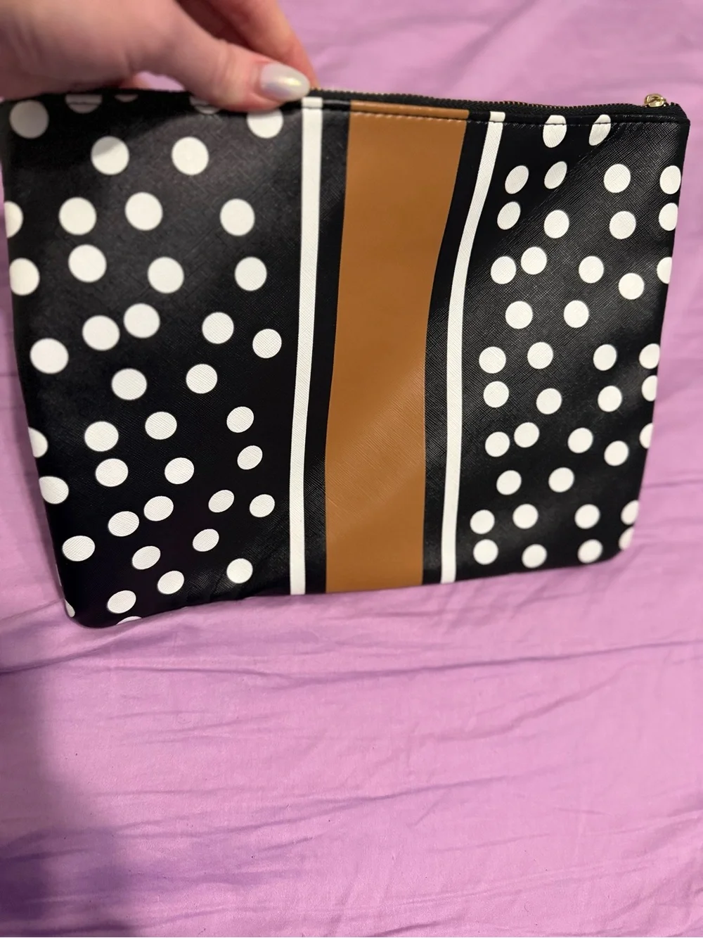 L Monogram Black & White Polka Dot Pouch with Brown Stripe